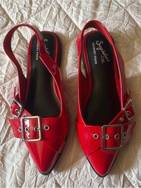 Seychelles Red Patent Pointed-Toe Slingback Flats with Buckle